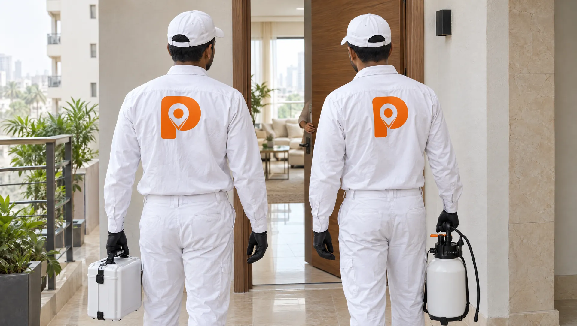 Two technicians in white uniforms arriving at a client's apartment door.