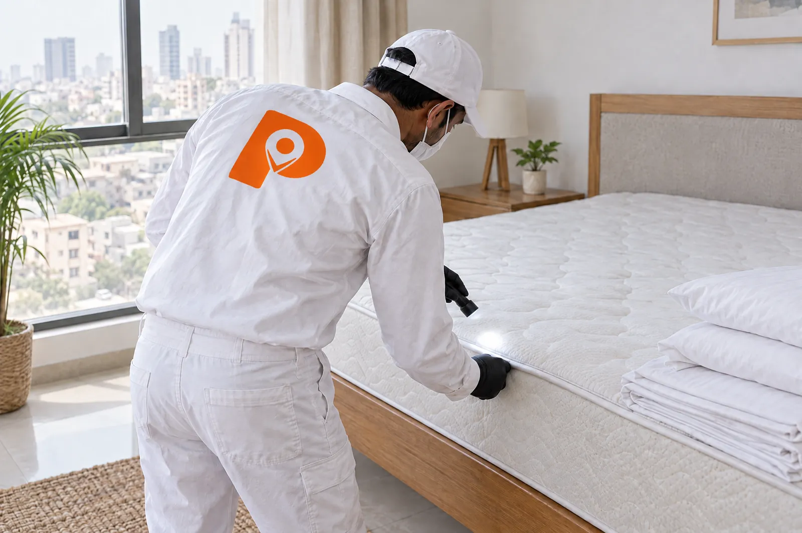 A technician checking the seams of a mattress with a torch.