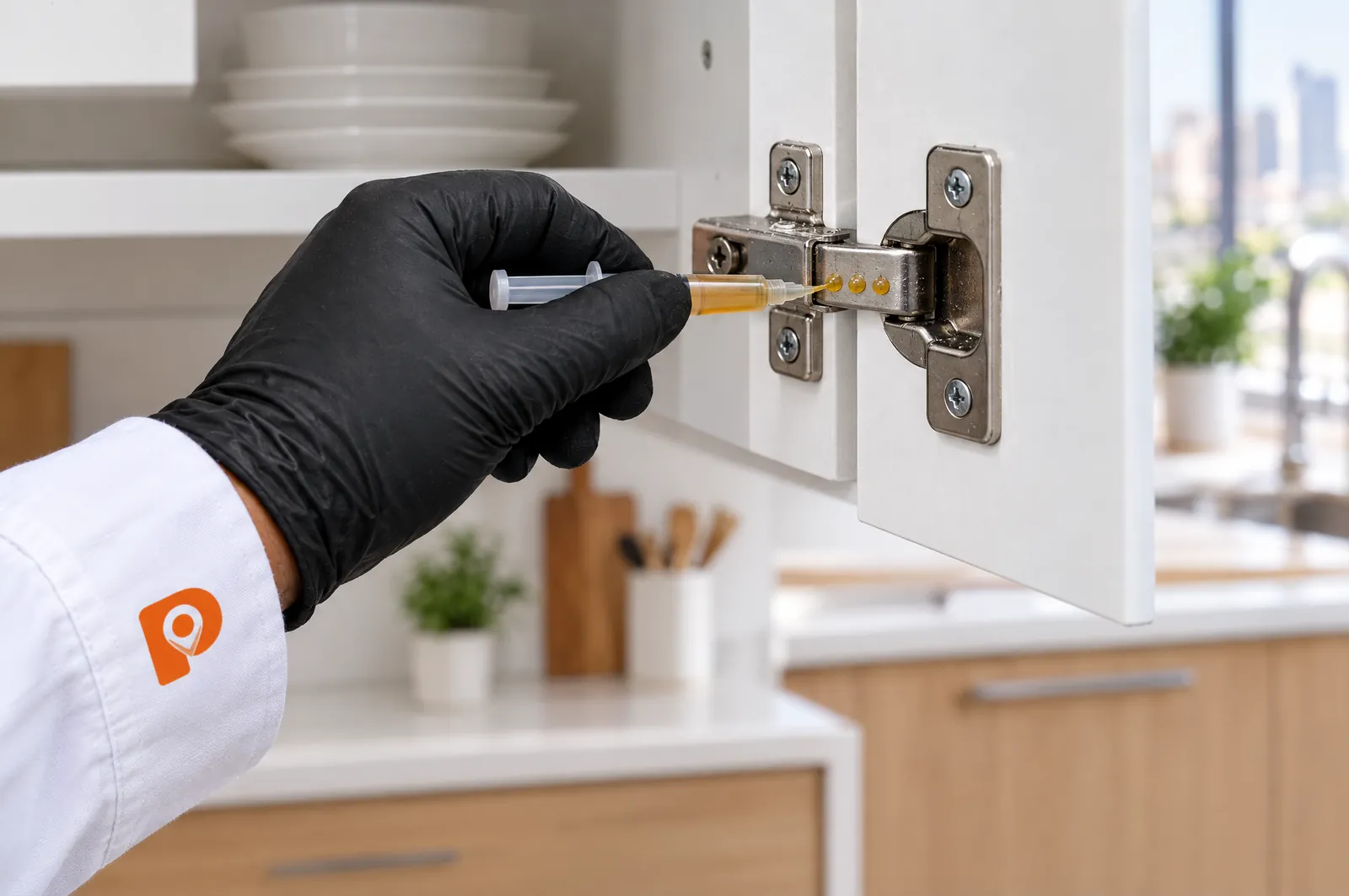A gloved hand placing small dots of gel bait on a kitchen cabinet hinge.