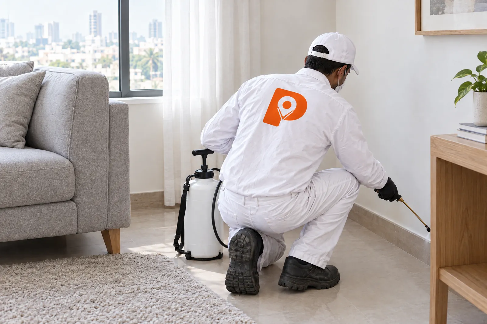 A technician spraying a thin band along the skirting of a living room.