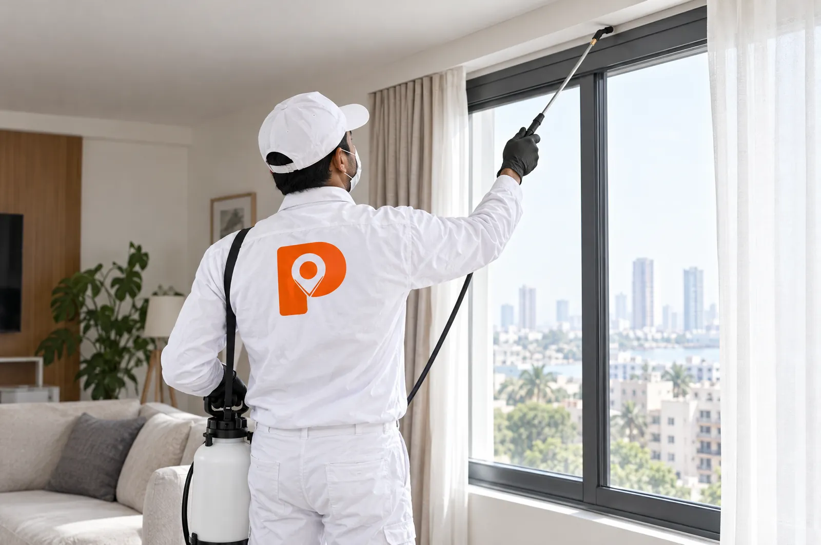 A technician spraying along the top of a window frame where lizards rest.