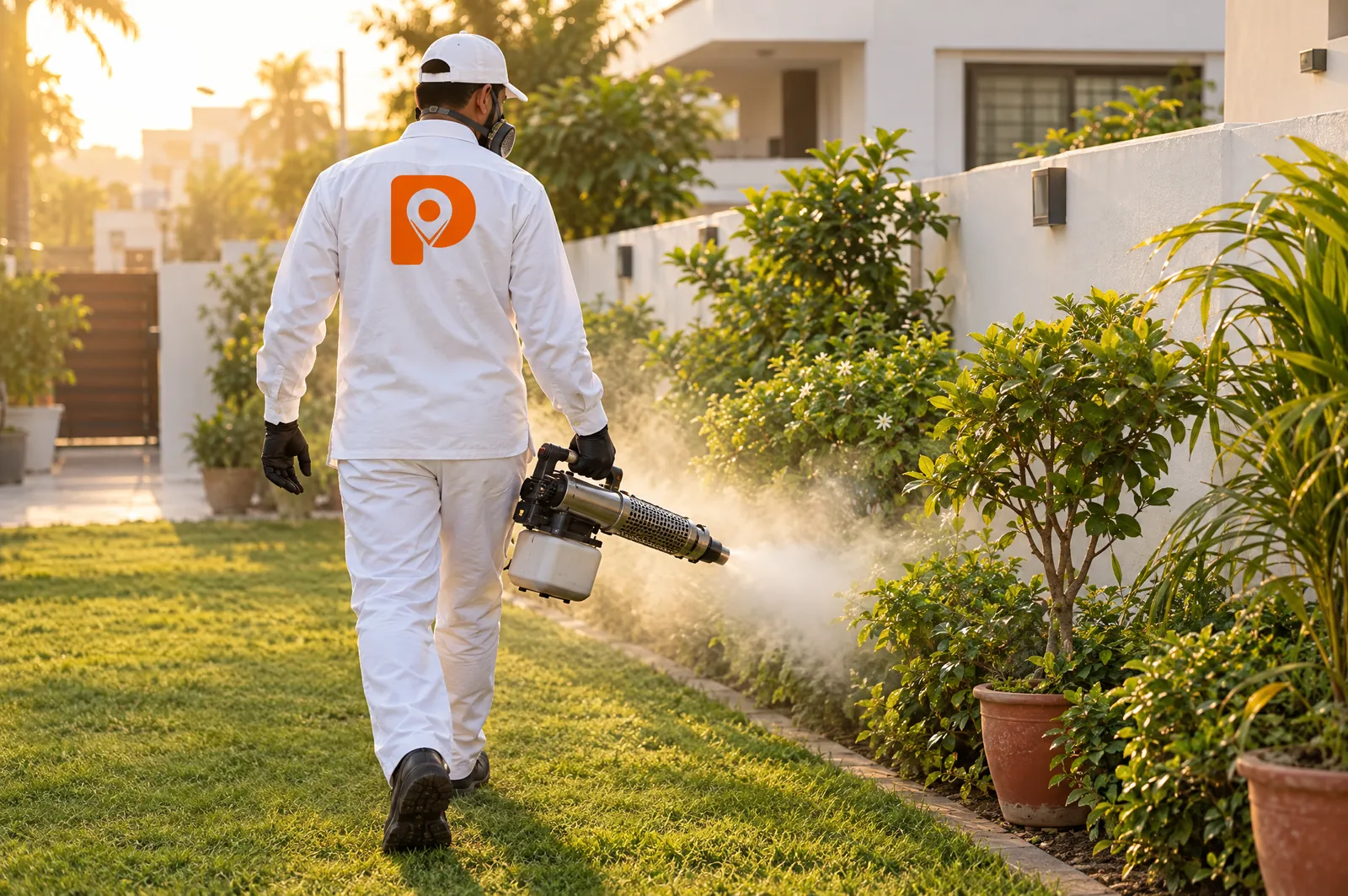 A technician fogging the plants along a garden wall.