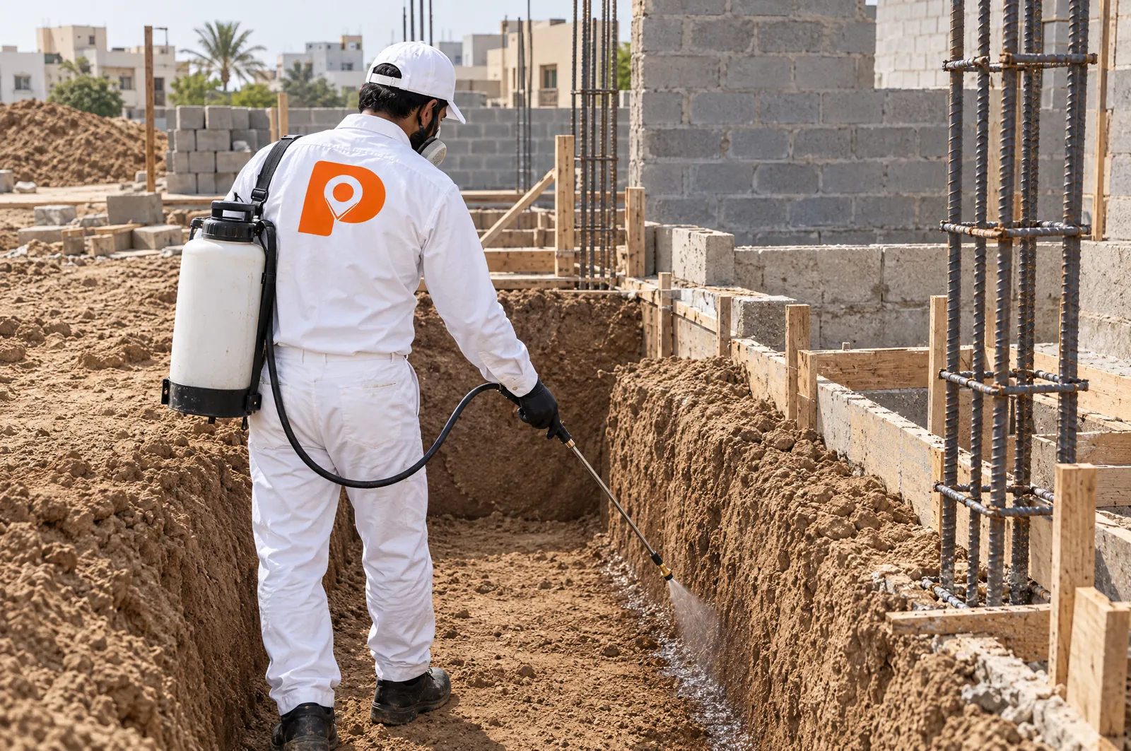 A technician spraying termiticide into the foundation trenches of a new house.