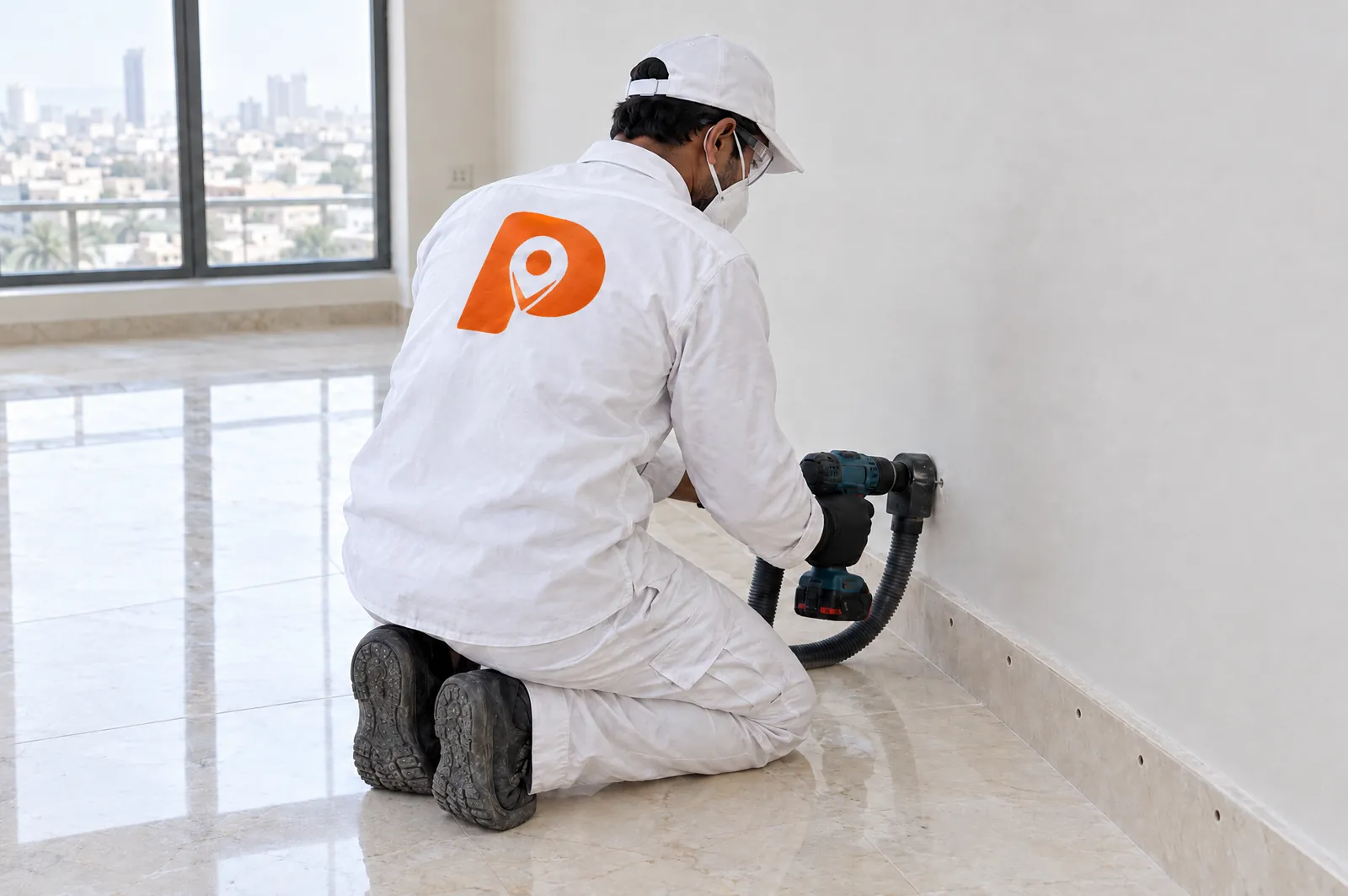A technician drilling small holes along the skirting for termite treatment.
